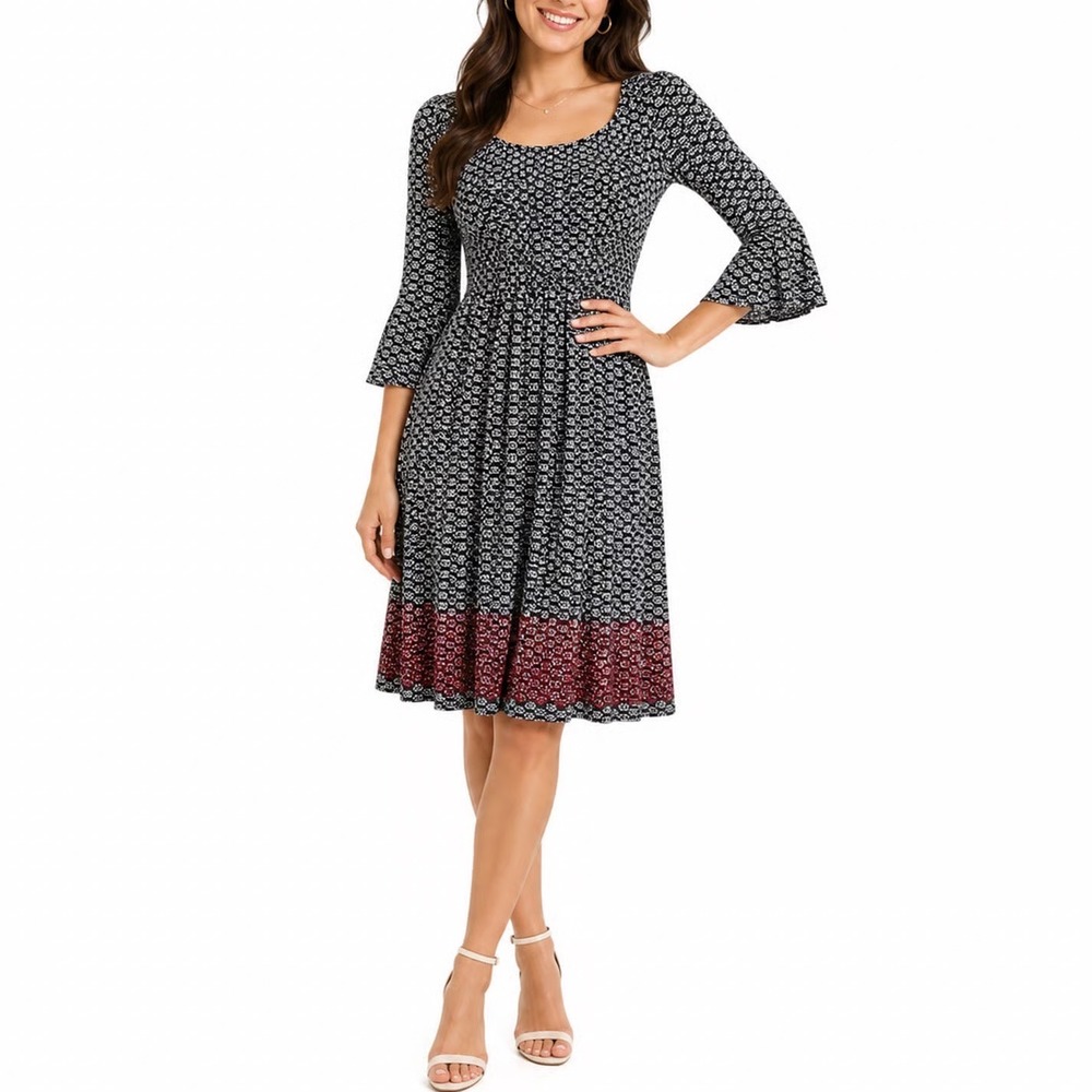 Sophie Max Womens Black White Geometric Print Bell Sleeve Smocked Dress Small